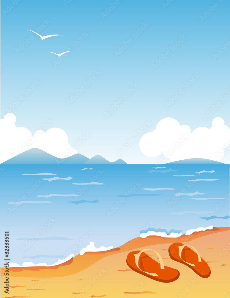 Tropic beach with pair of orange slippers