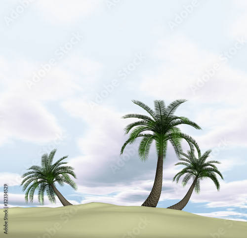 3d render of island with palm-trees and cloudy blue sky