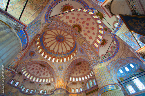 Photography Inside the islamic Blue mosque in Istanbul, Turkey