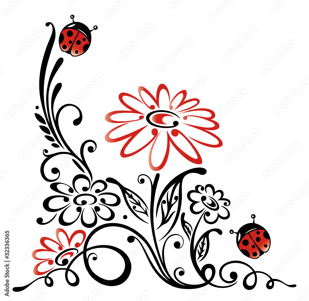 Ranke, flora, Blumen, Blüten, Marienkäfer, rot, schwarz –  Stock-Vektorgrafik | Adobe Stock