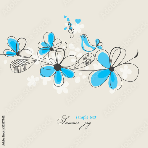 Summer joy: blooming tree branch and singing bird