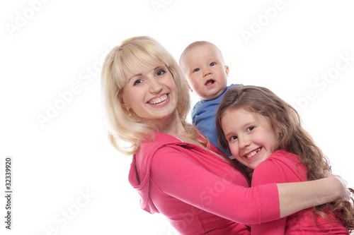 happy mother and two chidren over white