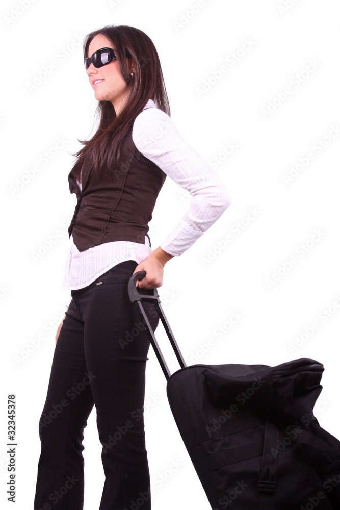 American business woman traveling with suitcase . American business woman traveling with suitcase .