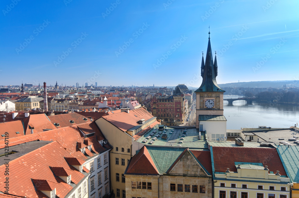 Prague roof tops panorama, birds eye view, Czech Republic