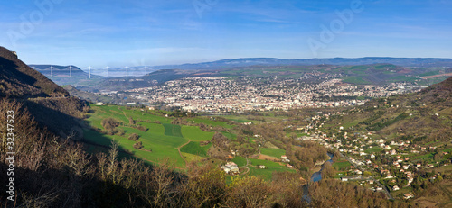 Panoramic view of Millau bridge and town