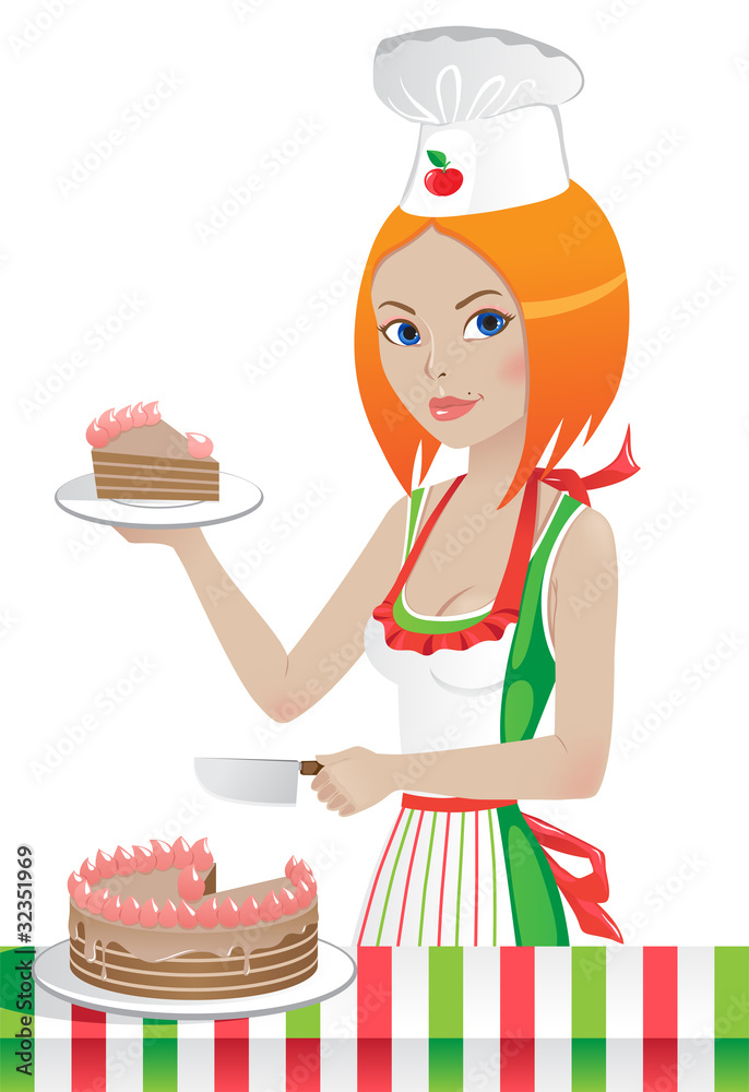 Cute girl in a chef's hat cuts the cake Cute girl in a chef's hat cuts the cake