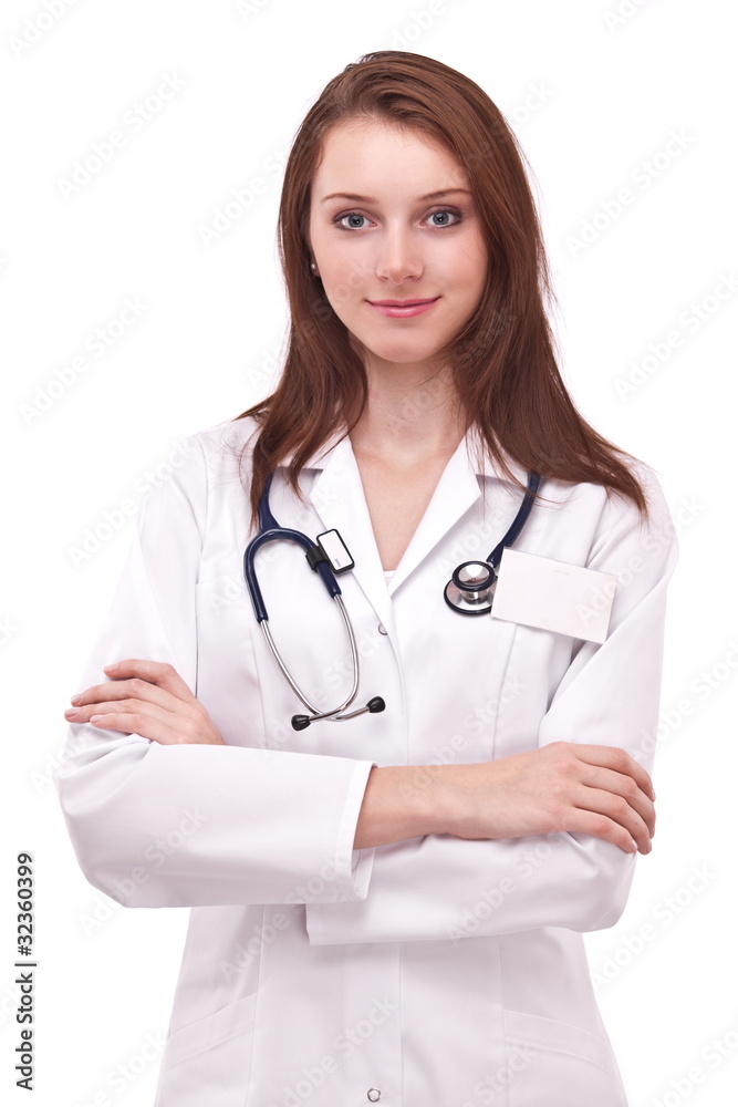 Portrait of positive young doctor (woman). Isolated on a white b Portrait of positive young doctor (woman). Isolated on a white b