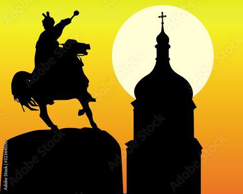 Khmelnytsky monument and tower of the church in Kiev