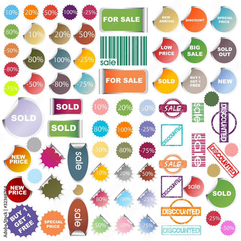 Set of colored promotional elements, stickers and stamps Set of colored promotional elements, stickers and stamps
