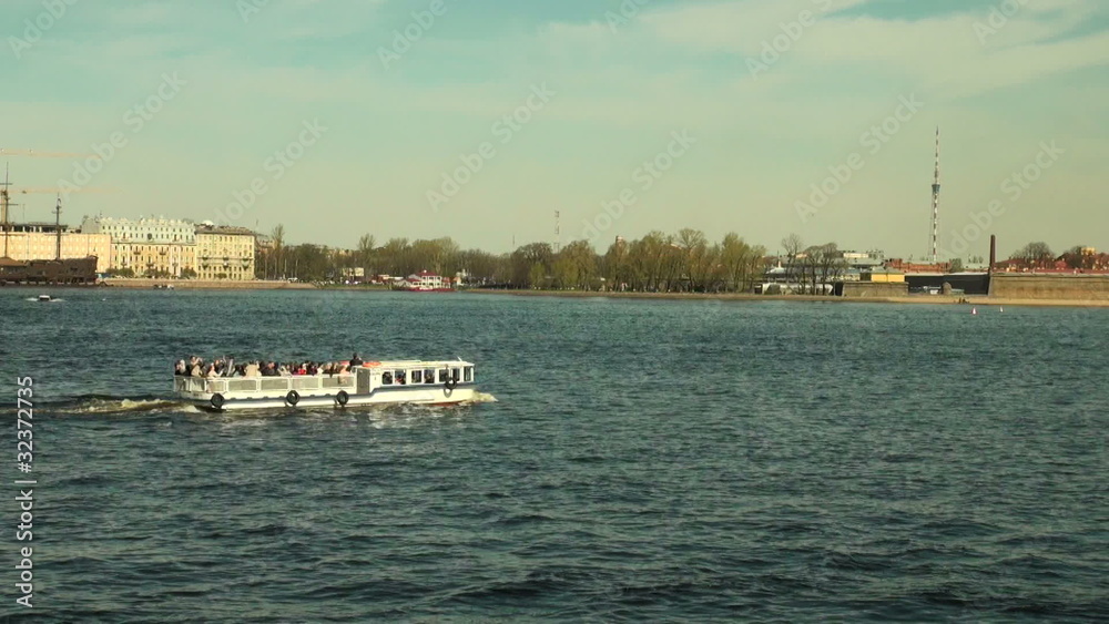 The ship floats on the river The ship floats on the river