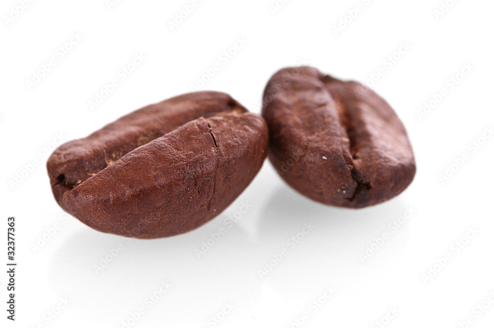 Two coffee beans closeup isolated on white Two coffee beans closeup isolated on white