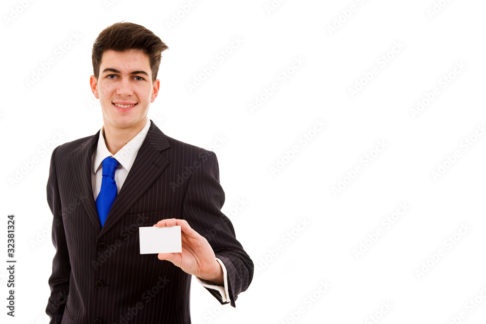 Young businessman offering business card on white background. Young businessman offering business card on white background.