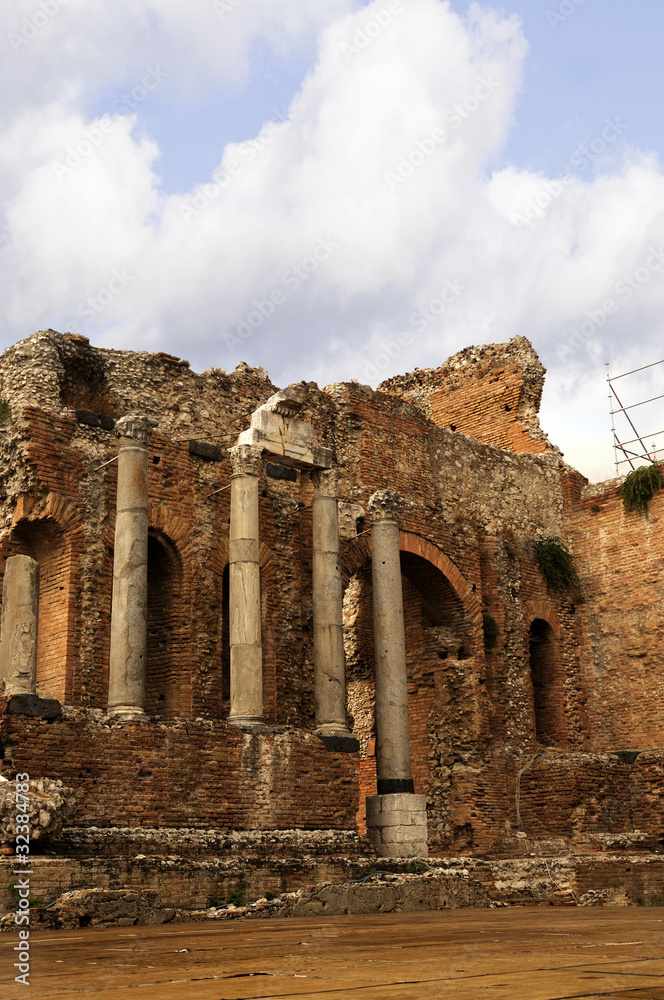 Ancient Greek Theatre with Mount Etna  in Taormina Sicily, Italy