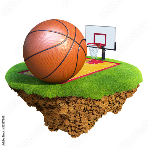 Basketball ball, backboard, hoop and court photo