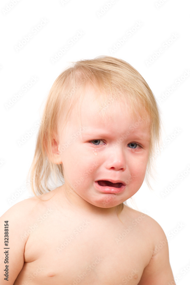 Adorable unsatisfied baby cry screaming on white background Adorable unsatisfied baby cry screaming on white background