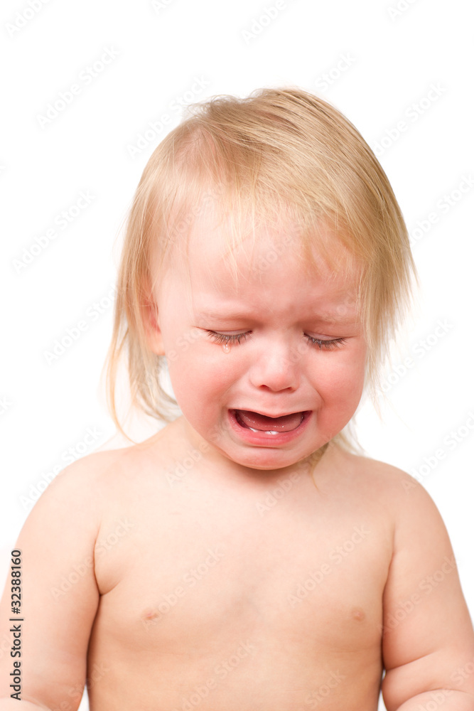 Adorable unsatisfied baby cry screaming on white background Adorable unsatisfied baby cry screaming on white background