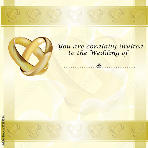 A wedding invitation card with gold rings