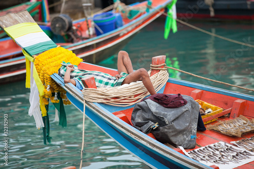 Tela burma fisherman on colorful boat