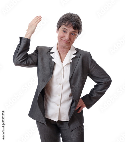 Konstfotografi careless mature woman with arm up isolated on white