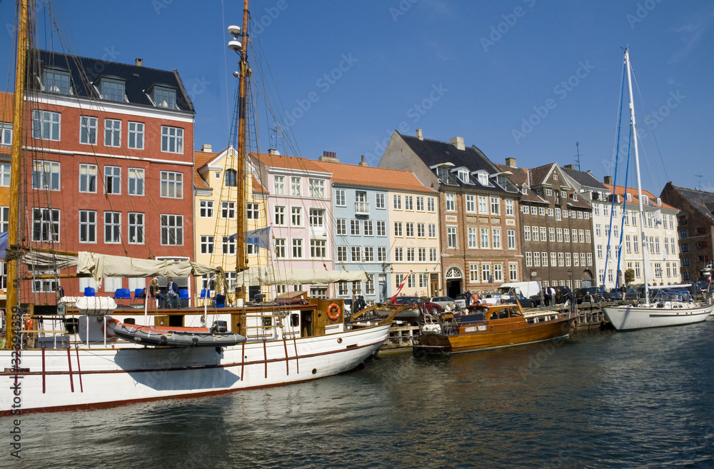 Yachts and buildings along Nyhavn in Copenhagen