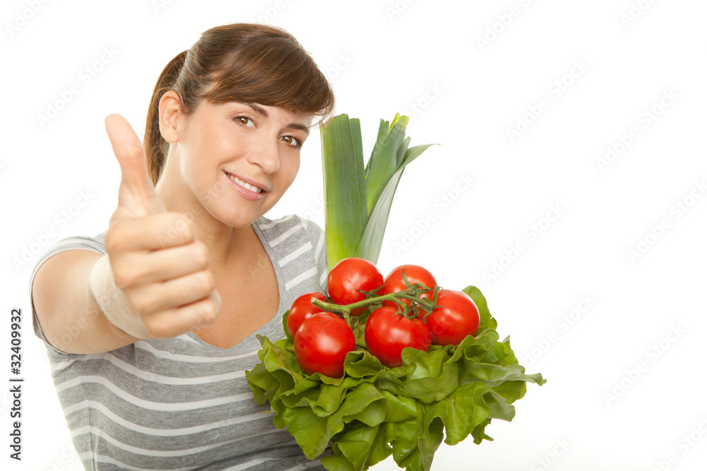 frau mit tomaten und salat/daumen hoch frau mit tomaten und salat/daumen hoch