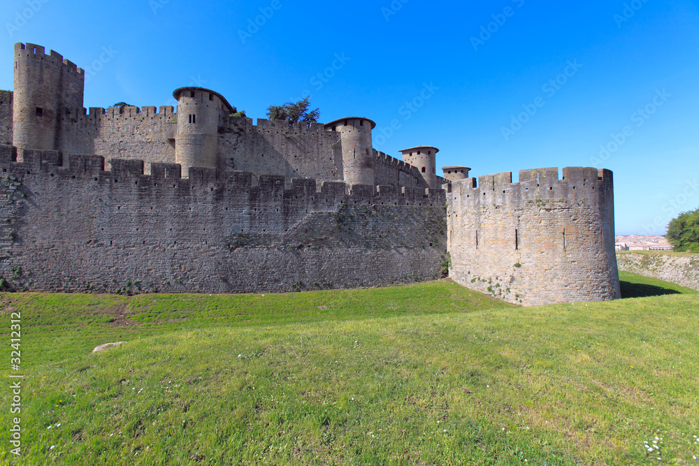 Walls and towers of famous medieval city, Carcassonne, France