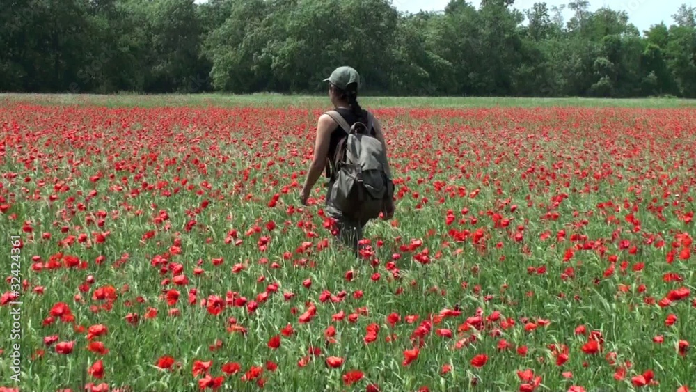 Marcheuse randonneuse traversant un champ de coquelicots