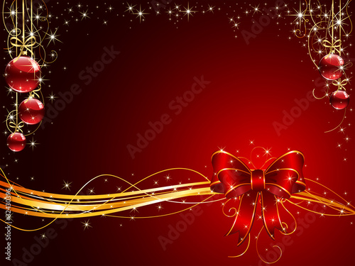 Christmas background with red bow and balls