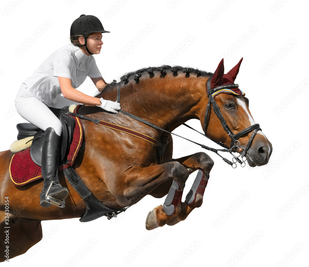 Obraz premium Young girl jumping with bay horse