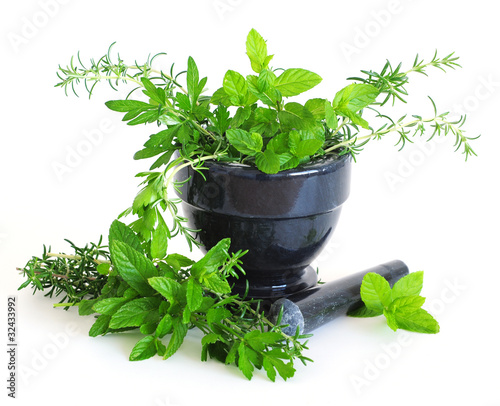 Mortar with Fresh Herbs