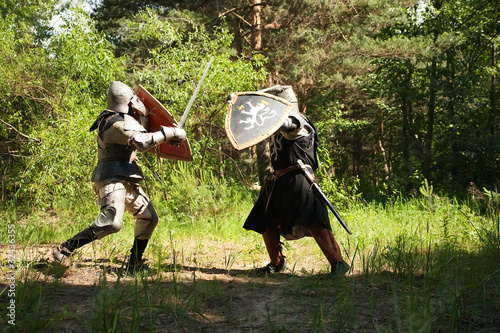 knights in armor is fighting at forest