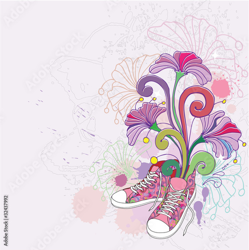 Abstract background with sneakers  and flowers.