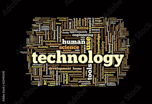 Technology word collage isolated on black background photo