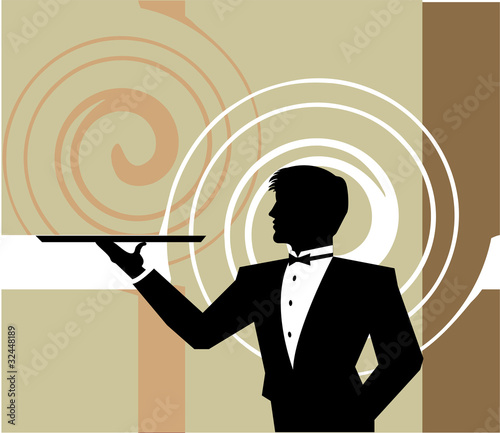Waiter holding a empty tray. Vector illustration