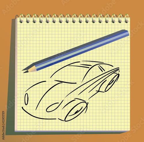Sketchy sportive car in block-note.