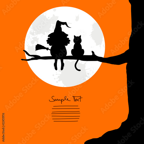 Witch With Broom & Cat Sitting On A Tree