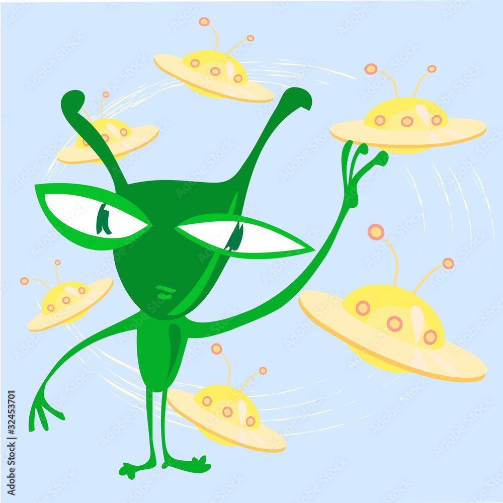 Fototapeta premium funny green alien character with ufo background