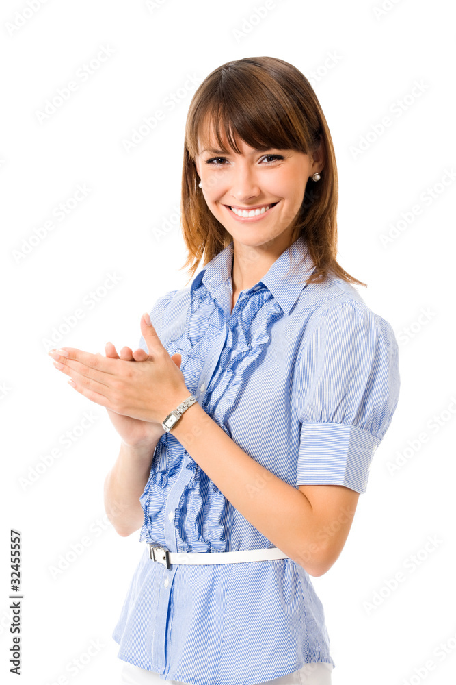 Portrait of young happy clapping business woman, isolated Portrait of young happy clapping business woman, isolated