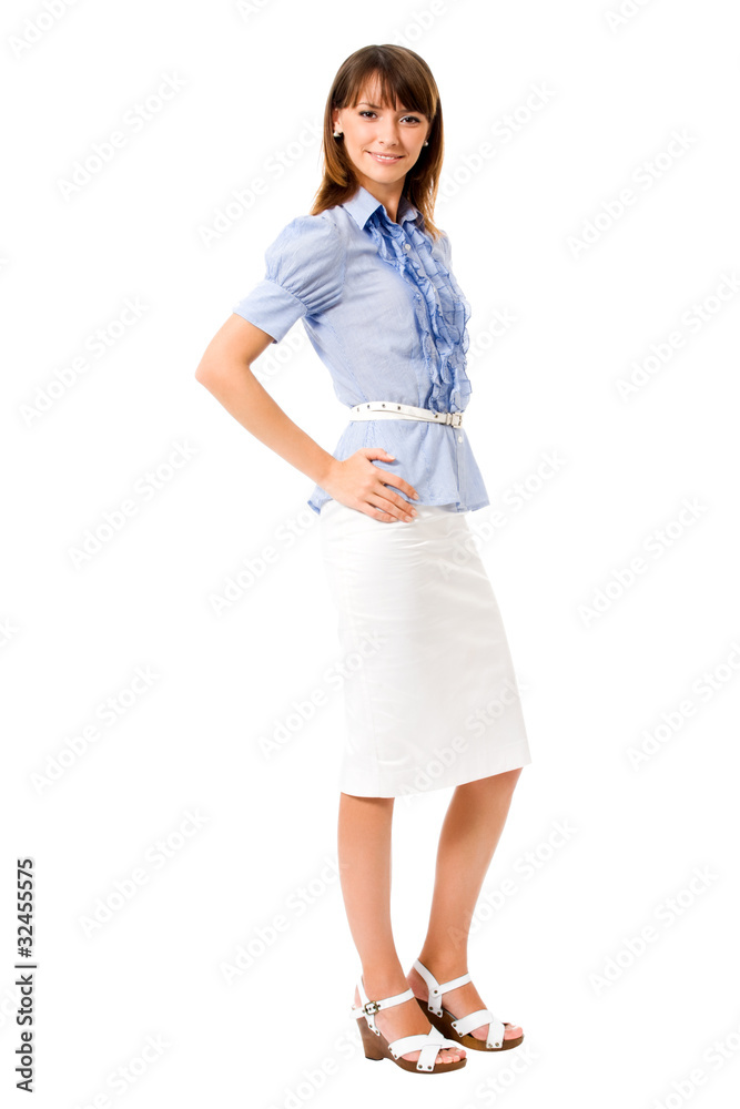 Full body portrait of happy smiling business woman, isolated