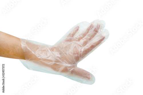Transparent disposable glove on hand