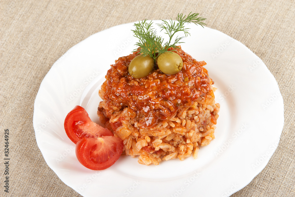 Risotto with meat, mushrooms and tomato sauce Risotto with meat, mushrooms and tomato sauce