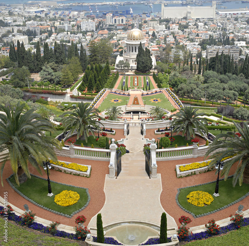 Ornamental garden of the Baha'i Temple in Haifa, Israel. photo