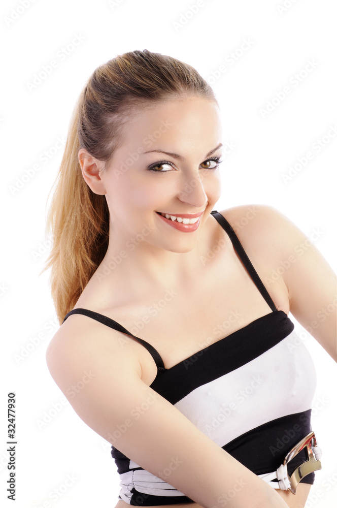 Pretty girl with hair pulled back, smiling, isolated Pretty girl with hair pulled back, smiling, isolated