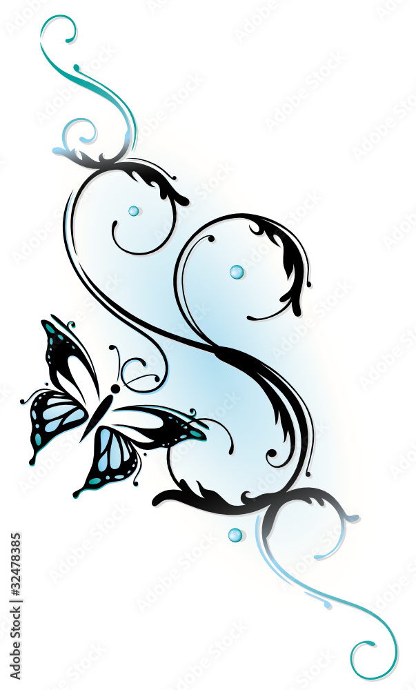Schmetterling, tattoo, tribal, Ranke, Schnörkel, türkis Stock ...