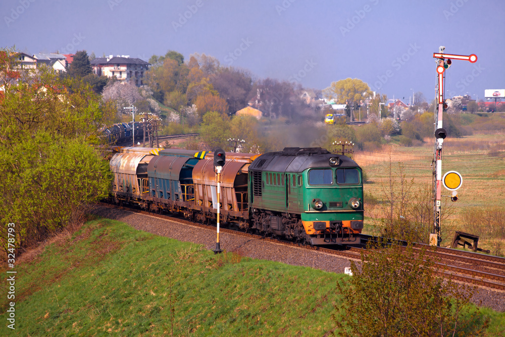 Obraz premium Freight train passing the hilly landscape