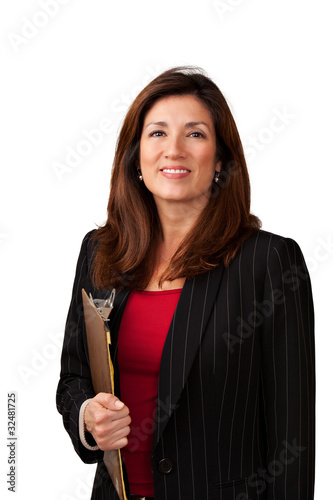 Pretty business woman holding clip board