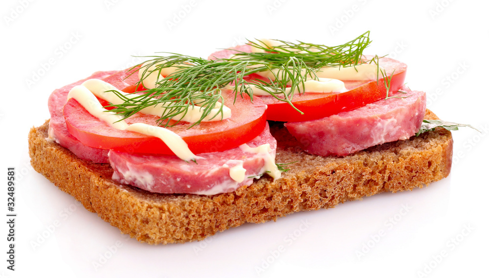 tomatoes and sausage on bread isolated on white tomatoes and sausage on bread isolated on white