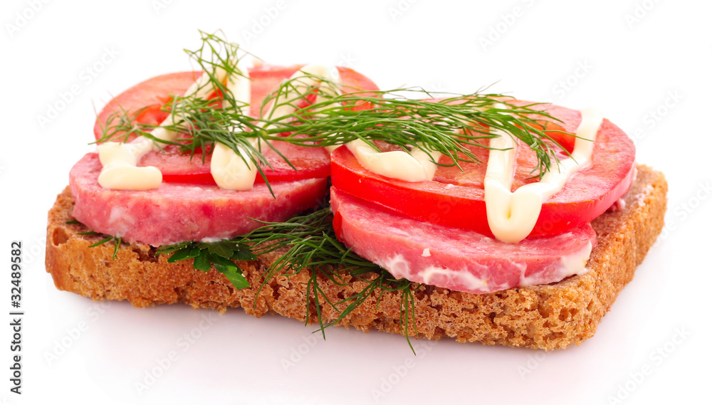 tomatoes and sausage on bread isolated on white