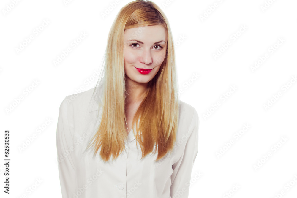 Sexy woman in medical white uniform with red lips Sexy woman in medical white uniform with red lips