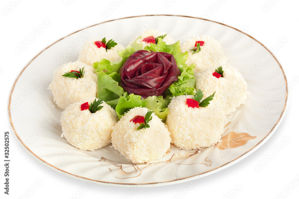 Sharp cheese with coconut flakes, with purple rose from beet Sharp cheese with coconut flakes, with purple rose from beet